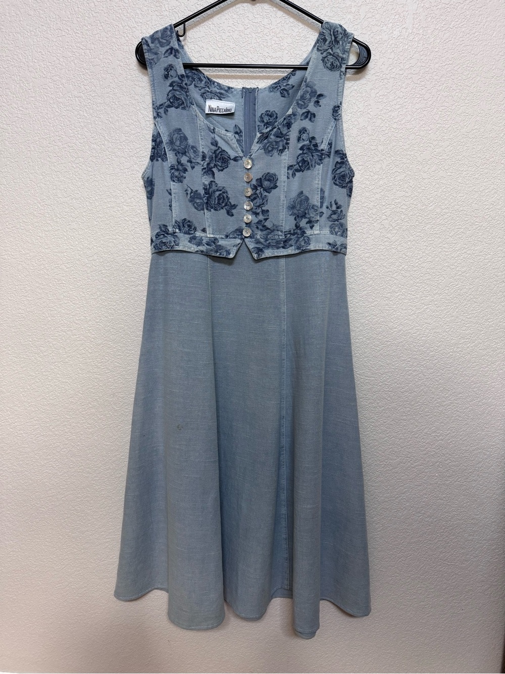 Vintage 90s Blue Floral Denim Midi Dress Women’s M Retro Cottagecore